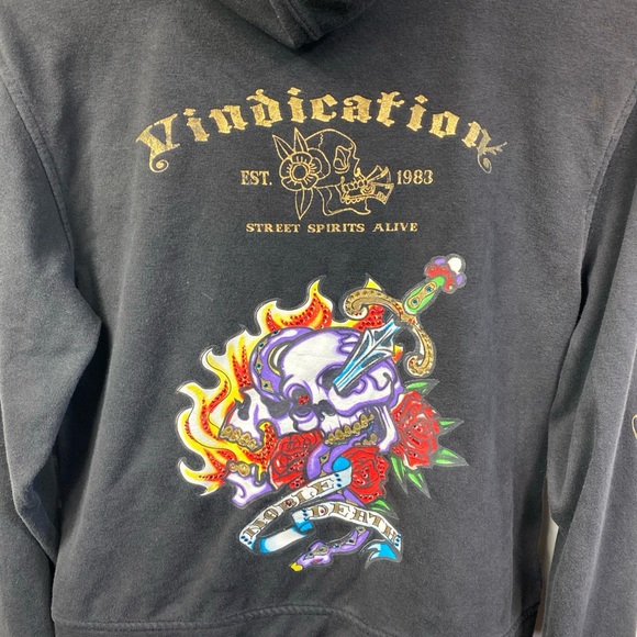 Vintage Y2K Raw Blue Hoodie Black Full Zip Vindication Skull Womens Fits Medium - Picture 3 of 7